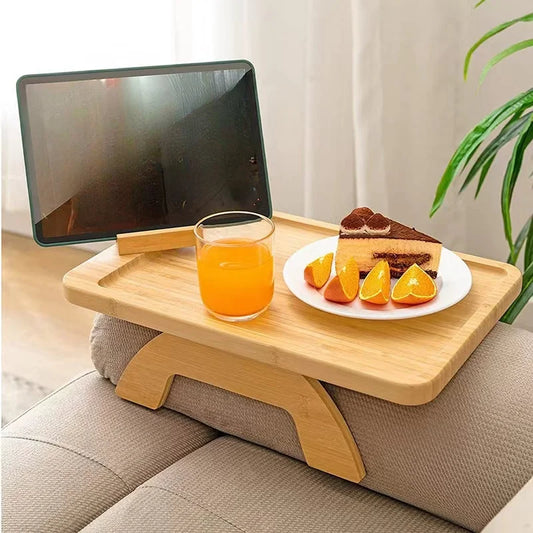 Bamboo Sofa Tray Table – Clip-On Side Table with Phone Holder for Couch Arm