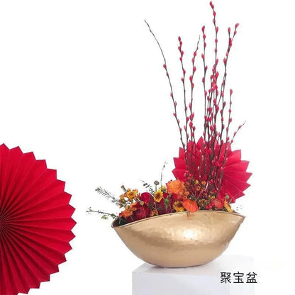 Large Golden Iron Flower Pot – Handmade Jubao Vase for Plants, Home & Hotel Décor, Decorative Metal Flowering Bowl