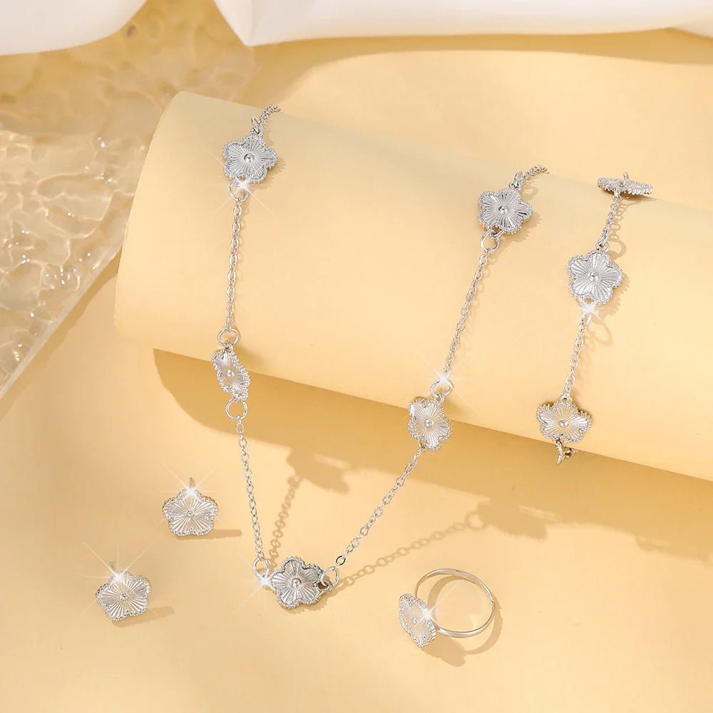 Lucky Five-Petal Flower & Clover Bracelet, Earrings, Necklace Set – Stylish Women's Party Jewelry Accessories
