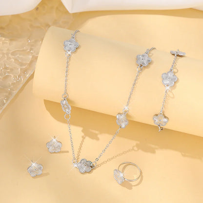 Lucky Five-Petal Flower & Clover Bracelet, Earrings, Necklace Set – Stylish Women's Party Jewelry Accessories