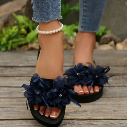 Women’s Flower Wedge Slippers - Thick Sole Pull-On Summer Beach Shoes