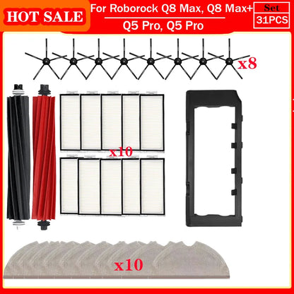 Roborock Q5 Pro & Q8 Max Replacement Parts – Main Brush, Side Brush, HEPA Filter, Mop & Dust Bag Accessories