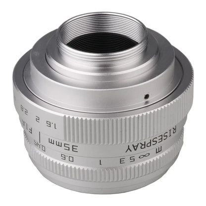 Silver Mini 35mm f/1.6 APS-C CCTV Lens with Adapter Ring — Compatible with Panasonic/Olympus Micro 4/3, Sony E, Canon EOS-M, Fujifilm