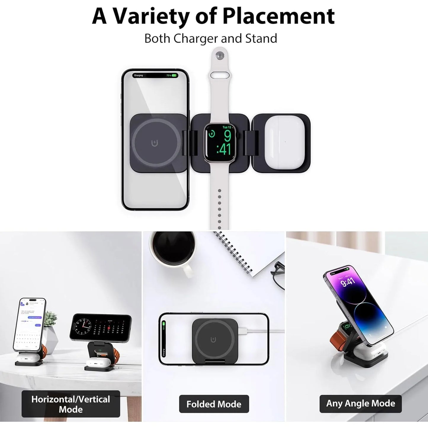 Fast 3-in-1 Magnetic Wireless Charger – Foldable Charging Stand for iPhone 16-12, Apple Watch Series 10-3 & AirPods Pro/3/2