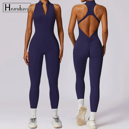 Women’s V-Back One-Piece Sports Jumpsuit — Sleeveless Yoga Romper with Zipper Workout Bodysuit