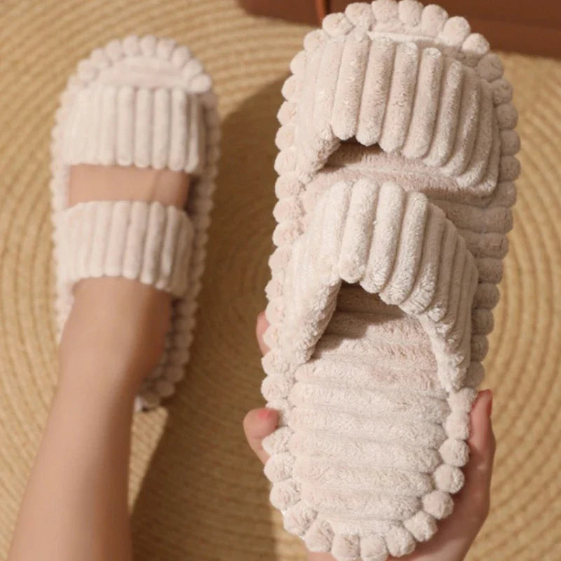 Women’s Corduroy Fuzzy Home Slippers – Lightweight Open Toe Non-Slip Plush Indoor Floor Slides for Autumn & Winter