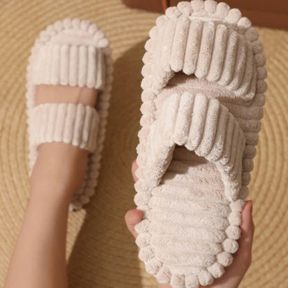 Women’s Corduroy Fuzzy Home Slippers – Lightweight Open Toe Non-Slip Plush Indoor Floor Slides for Autumn & Winter