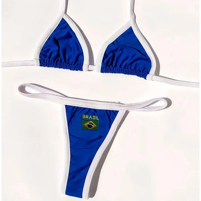 Women’s Brazil Flag Embroidery Bikini Set – Contrast Split Patchwork Swimsuit, Sexy Summer Beachwear Outfit