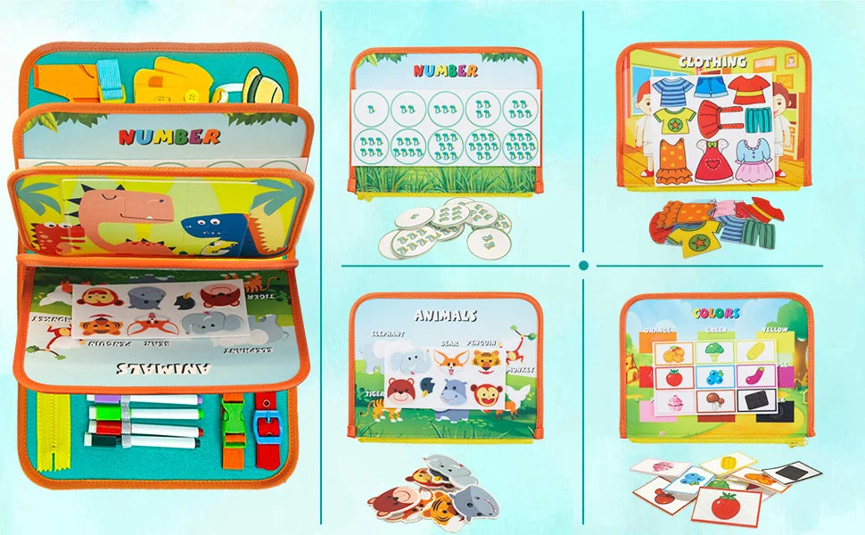 TUNJILOOL Montessori Busy Board – Early Educational Toy for Toddlers, Felt Cloth Story Book, 3D Shape & Color Match