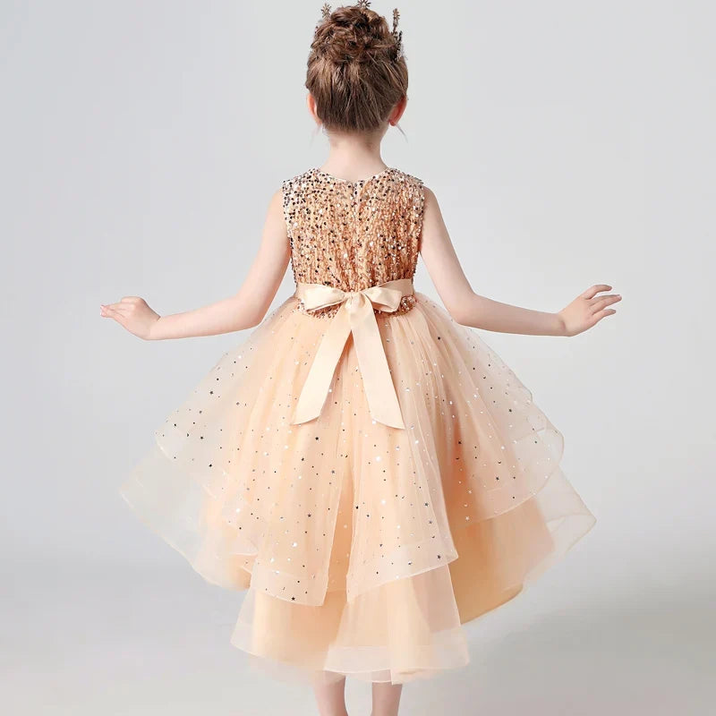 Sequin Lace Tuxedo Dress for Girls - Sleeveless Fluffy Mesh Wedding & Party Dress Ages 3–13