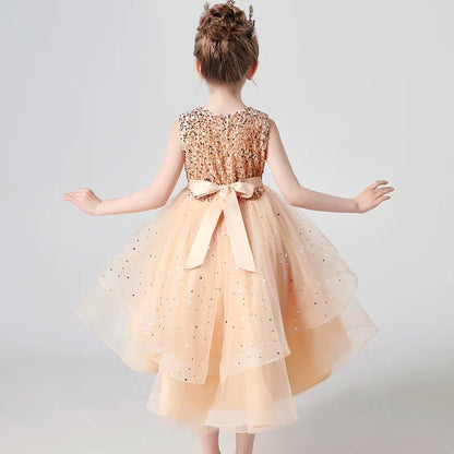 Sequin Lace Tuxedo Dress for Girls - Sleeveless Fluffy Mesh Wedding & Party Dress Ages 3–13