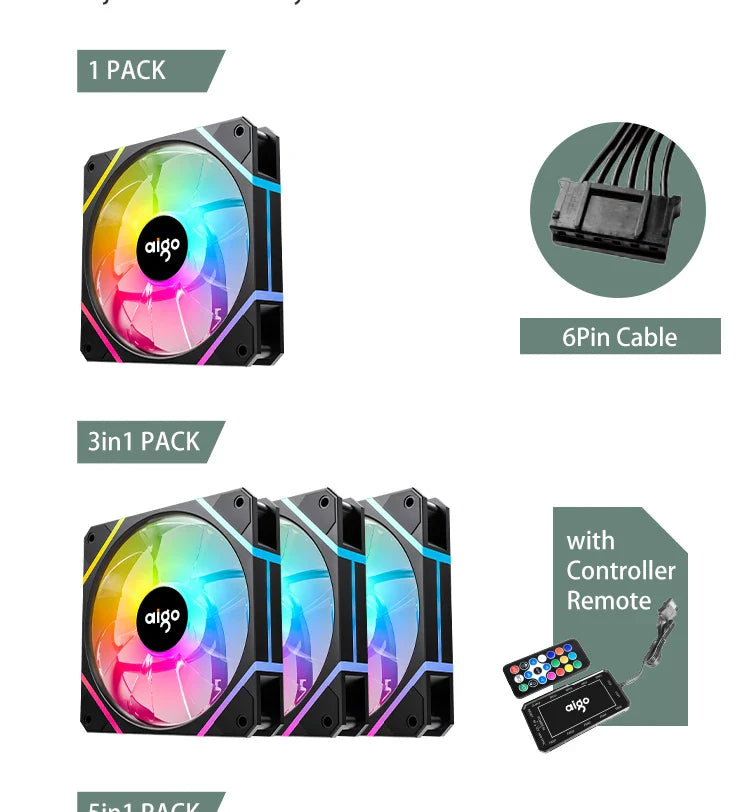 Aigo AM12 RGB PC Fan Kit — 120mm ARGB Water Cooler & Case Cooling Fans with 6-Pin Controller