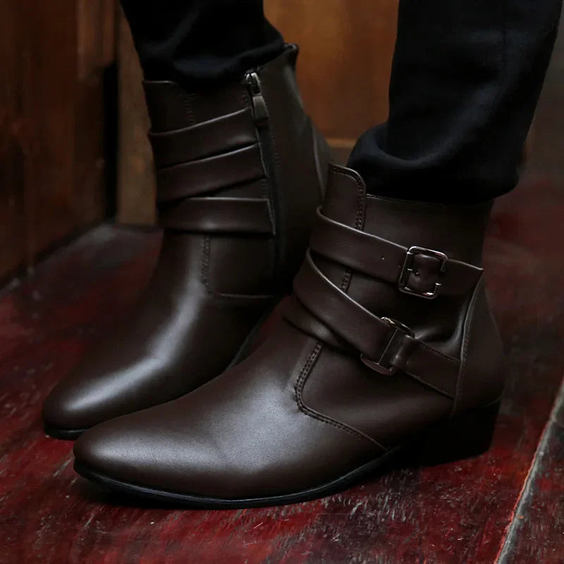 Men’s Designer British Chelsea Boots – High-Top Buckle Strap Motorcycle & Formal Shoes
