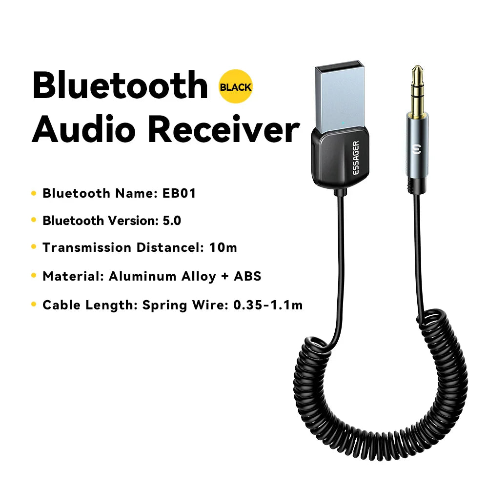 Essager USB Bluetooth 5.0 Receiver – 3.5mm AUX Car Audio Adapter Wireless Music Transmitter for Speakers & Handsfree Calling