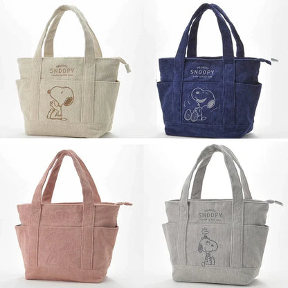 MINISO Disney Snoopy Corduroy Tote Bag - Casual Large Capacity Handbag with Zipper, Ideal for Students