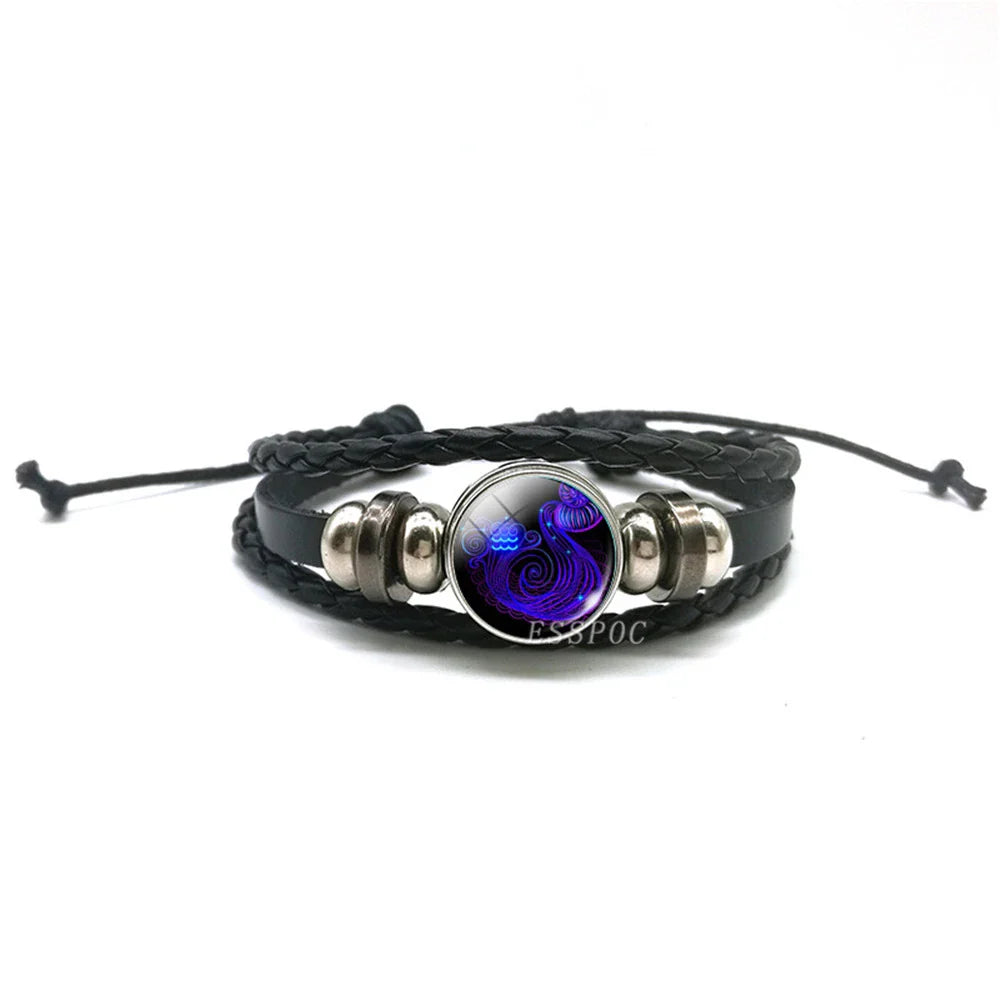 New Men's 12 Constellation Black Braided Leather Bracelet – Punk Style Zodiac Sign Multilayer Wrap Bracelet for Birthday Gifts