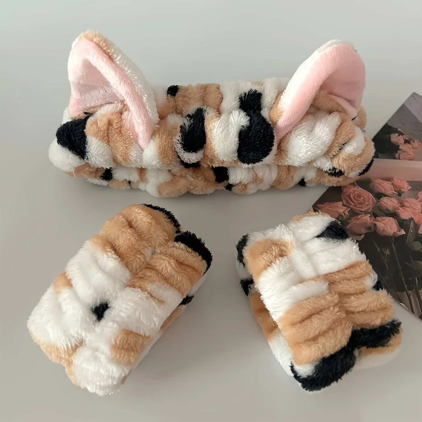 3PCS Cat Ear Plush Headband Set - Soft Face Washing Headband with Wrist Straps for Girls