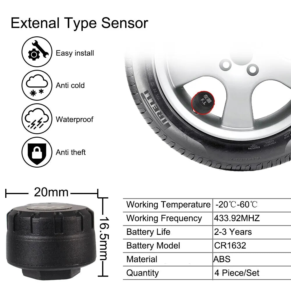 Android Navigation TPMS with 4 Sensors Alarm System - Wireless Transmission Tire Pressure Monitoring System for Android Car