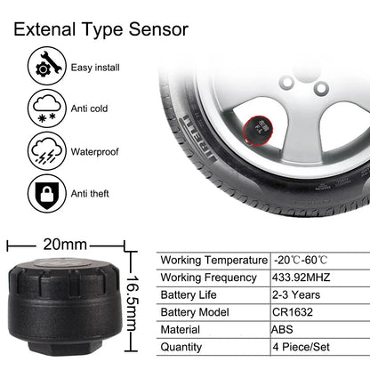Android Navigation TPMS with 4 Sensors Alarm System - Wireless Transmission Tire Pressure Monitoring System for Android Car