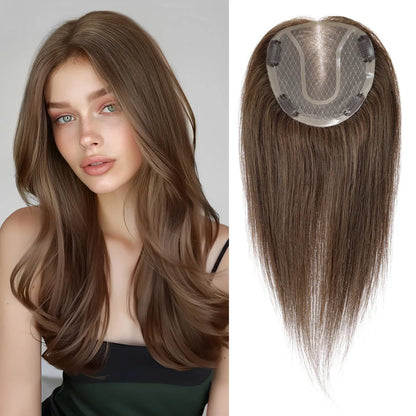 14" Gray Blonde Human Hair Topper – Mono Lace Base, 4 Clips, Natural Look for Thinning Hair