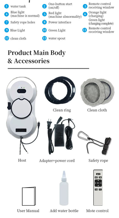 High-Suction 5600PA Window Cleaning Robot with Electric Spray and Fall Prevention - Remote Controlled