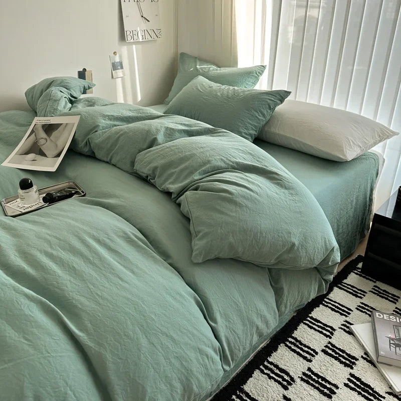 Solid Cotton Bed Linen Set – Bedding with Sheet, Duvet Cover & Pillowcases, Single to King/Queen/Twin Size