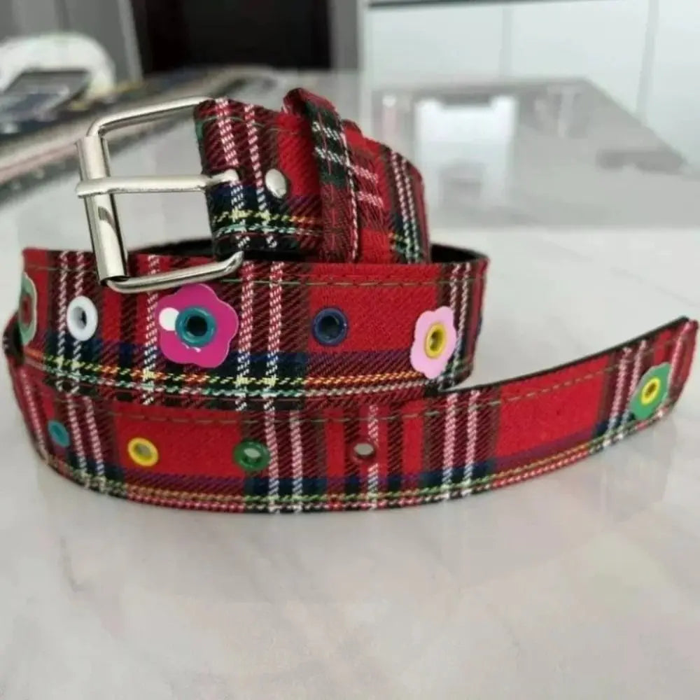Y2K Red Plaid Adjustable Waist Belt with Pin Buckle – Punk Style Cute Fashion Waistband for Women