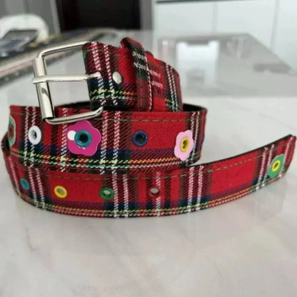 Y2K Red Plaid Adjustable Waist Belt with Pin Buckle – Punk Style Cute Fashion Waistband for Women