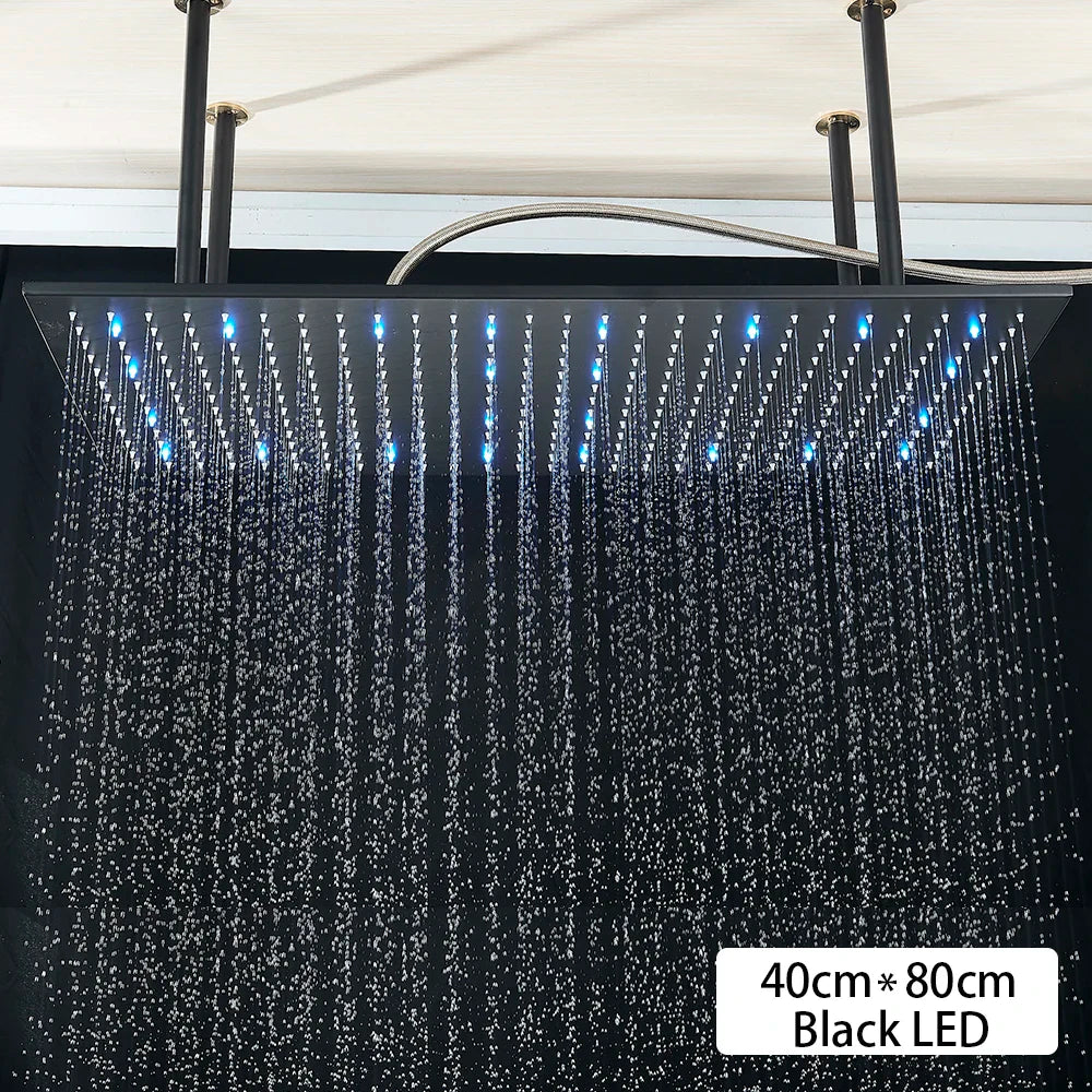 Black Ceiling Mounted LED Rainfall Shower Head – Intelligent Remote Control Concealed Waterfall Tap