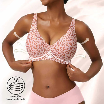 Women’s Pink Leopard Print Bra – Seamless Wire-Free Full Cup Underwear, Soft Support, Breathable Deep V Design