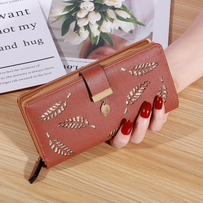 Women’s Long PU Leather Wallet – Gold Hollow Leaf Design Clutch Purse with Coin Pocket & Card Holders