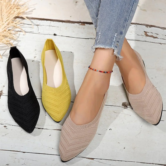Women’s Solid Color Pointed Toe Knitted Slip-On Flats – Casual Breathable Ballet Loafers