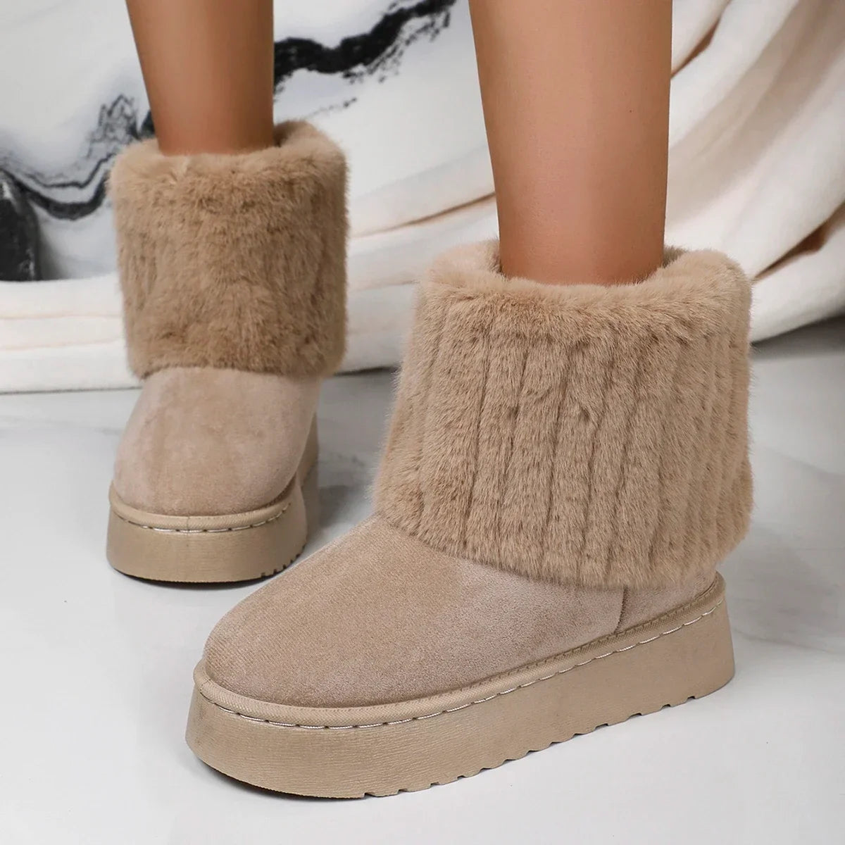 Women’s Winter Mid-Calf Boots – Round Toe Plush Lined, Thick Sole, Anti-Slip Casual Snow Boots in Beige