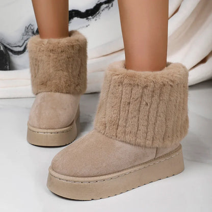 Women’s Winter Mid-Calf Boots – Round Toe Plush Lined, Thick Sole, Anti-Slip Casual Snow Boots in Beige