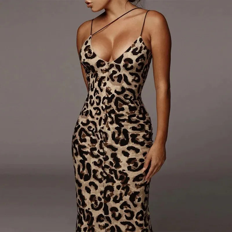 Hawthaw Women's Leopard Bodycon Midi Dress - Party Club Evening Streetwear - Summer Clothes for Business