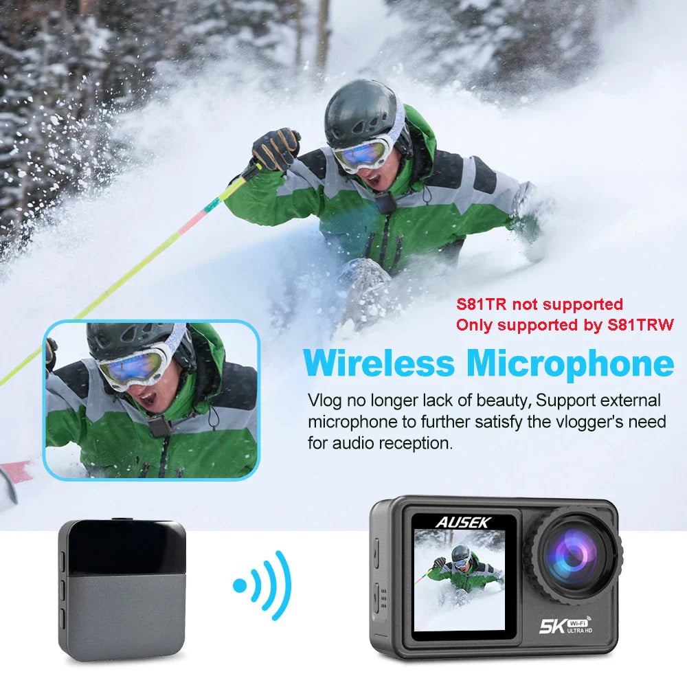 AUSEK S81TRW 5K Action Camera – 4K60FPS, 48MP, EIS, 5X Zoom, 1080P Webcam, Wi-Fi Vlog Sports Cam with Remote & Optional Filters