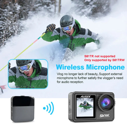 AUSEK S81TRW 5K Action Camera – 4K60FPS, 48MP, EIS, 5X Zoom, 1080P Webcam, Wi-Fi Vlog Sports Cam with Remote & Optional Filters