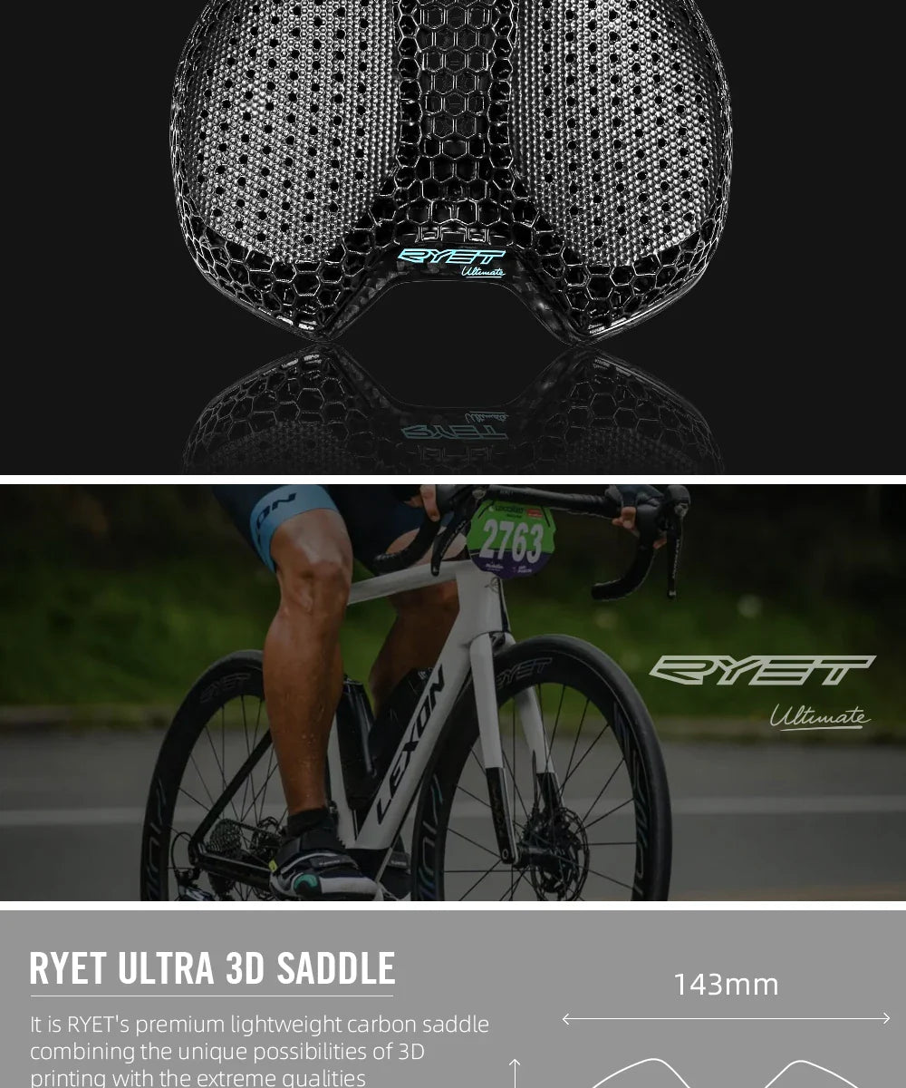 RYET Carbon 3D Printed Bike Saddle – Ultralight 175g Seat for Men & Women Road, MTB, Gravel, Triathlon Cycling
