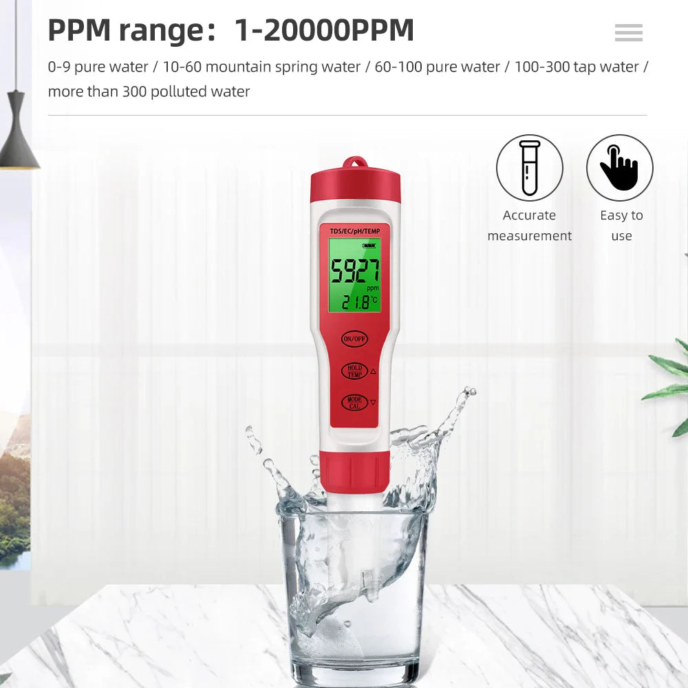 Waterproof PH Meter - PH/TDS/EC/Temp Digital Water Quality Monitor with Backlight for Pools, Drinking Water & Aquariums