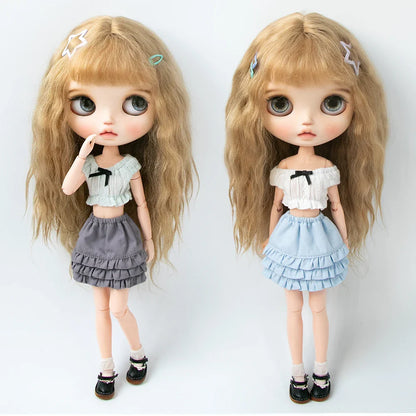 Blythe Doll Clothes Plaid Pleated Skirt & Off-Shoulder Top Tulle Dress Set — Ruffle Skirt for Licca, Azone, OB22, YMY Doll Accessories