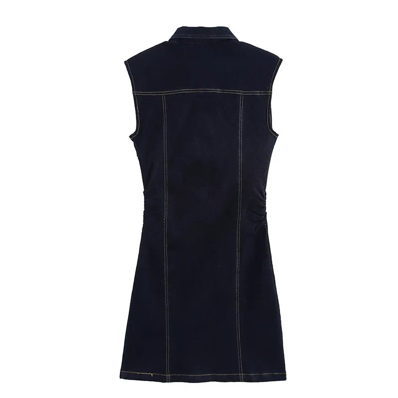 Elegant Pleated Denim Dress for Women – 2025 Chic Slim Fit Lapel Vestido with Short Sleeves & Single-Breasted Design