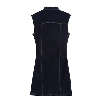 Elegant Pleated Denim Dress for Women – 2025 Chic Slim Fit Lapel Vestido with Short Sleeves & Single-Breasted Design