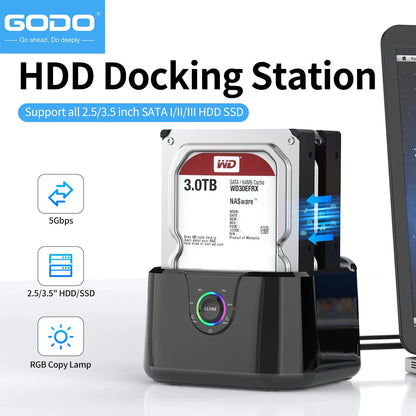 GODO Dual Bay USB 3.0 Hard Drive Docking Station – SATA 2.5"/3.5" HDD & SSD Enclosure with LED Indicator and Fast Data Transfer