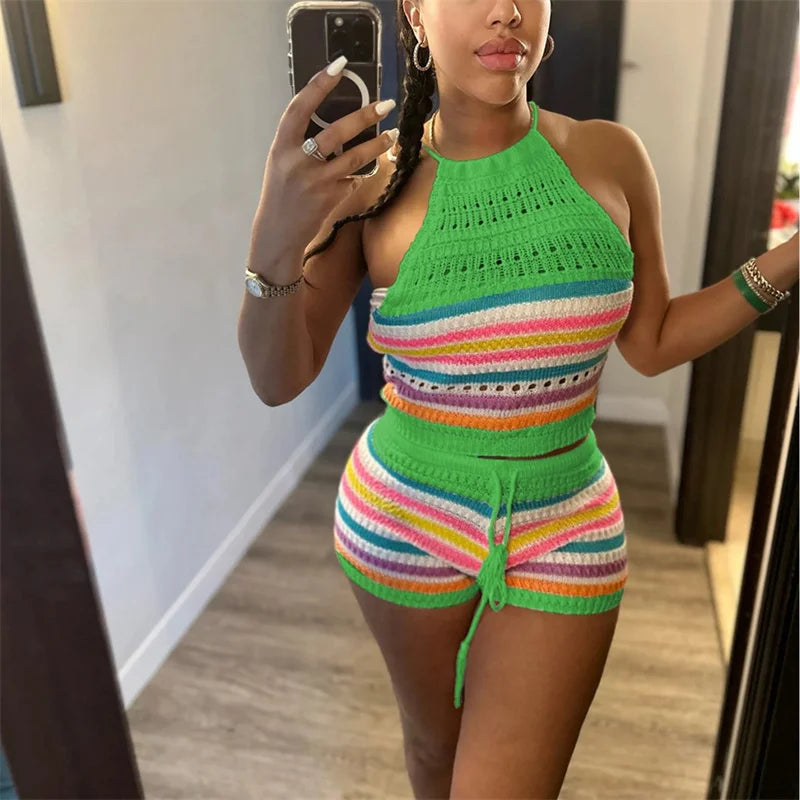 Women’s Rainbow Striped Knit 2-Piece Set – Halter Lace-Up Backless Top & Slim Fit Shorts Casual Outfit
