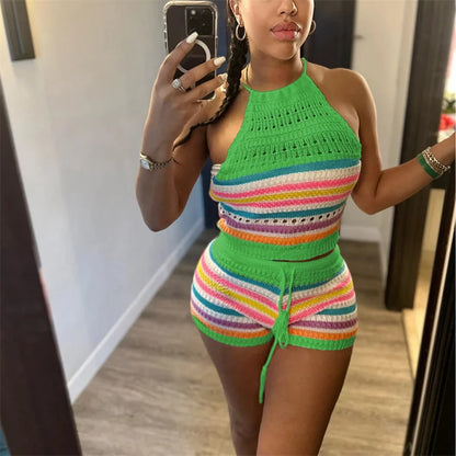 Women’s Rainbow Striped Knit 2-Piece Set – Halter Lace-Up Backless Top & Slim Fit Shorts Casual Outfit