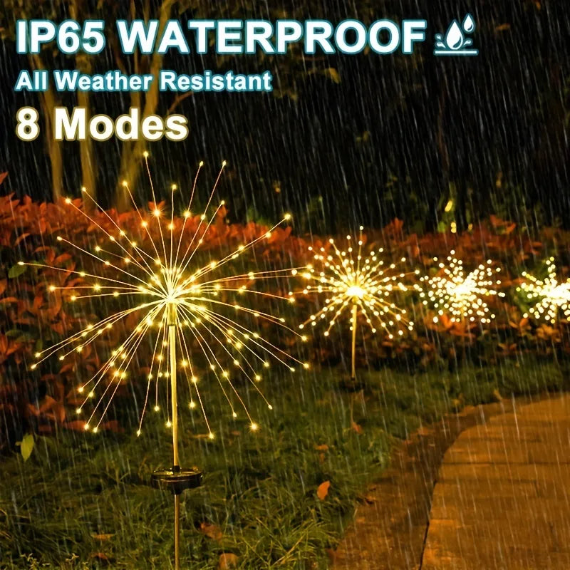 1PC Solar Fireworks Lamp - Outdoor Grass Globe Dandelion Flash String Fairy Lights - 90/150/200 LED for Garden Lawn Holiday Lighting