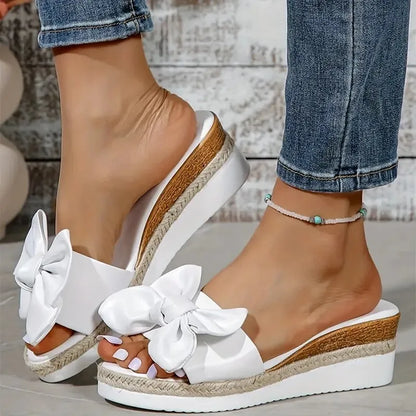 Women’s Bowknot Platform Sandals - Casual Solid Color Braided Strap Shoes