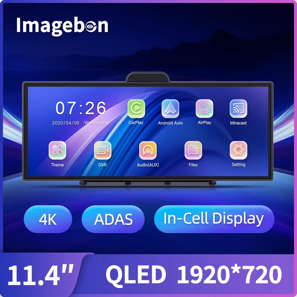 Imagebon 11.4″ H70 Pro 4K QLED Dash Cam - Wireless CarPlay & Android Auto, Dual Recording, Night Vision Car DVR