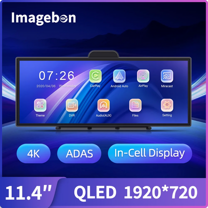 Imagebon 11.4″ H70 Pro 4K QLED Dash Cam - Wireless CarPlay & Android Auto, Dual Recording, Night Vision Car DVR