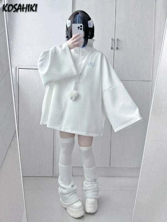 Spring Casual Hoodie – Women’s Loose Y2K Aesthetic Oversized Embroidered Harajuku Zipper Grunge Sweatshirt